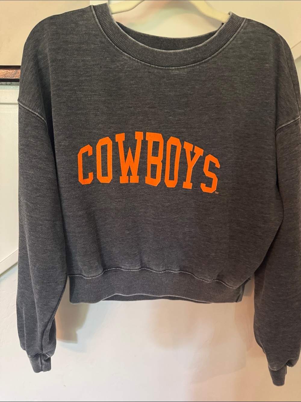 Cropped Crewneck Sweatshirt - Charcoal with Orange COWBOYS Print